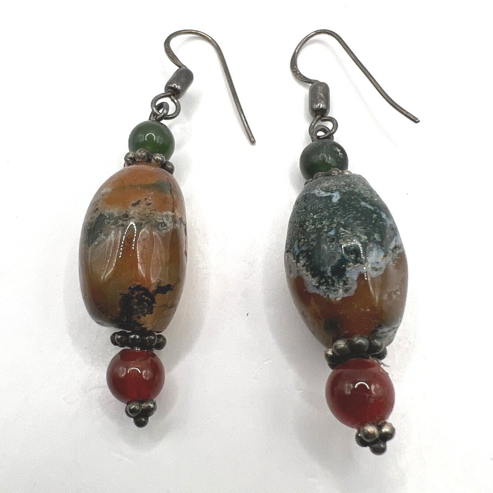 Glass Beaded Dangle Earrings Brown Green Silver Tone‎ Drop